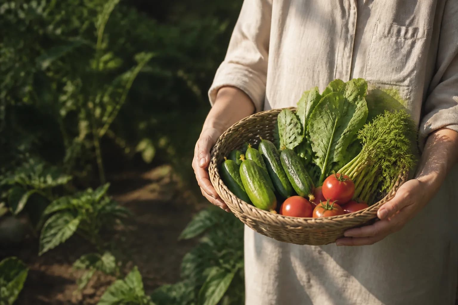 採れた野菜をかごいっぱいに持つ、菜園のある暮らしのイメージ