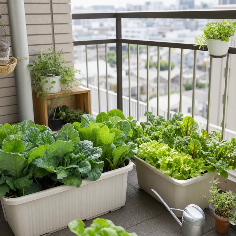 ベランダのプランターで育つ、みずみずしい葉野菜