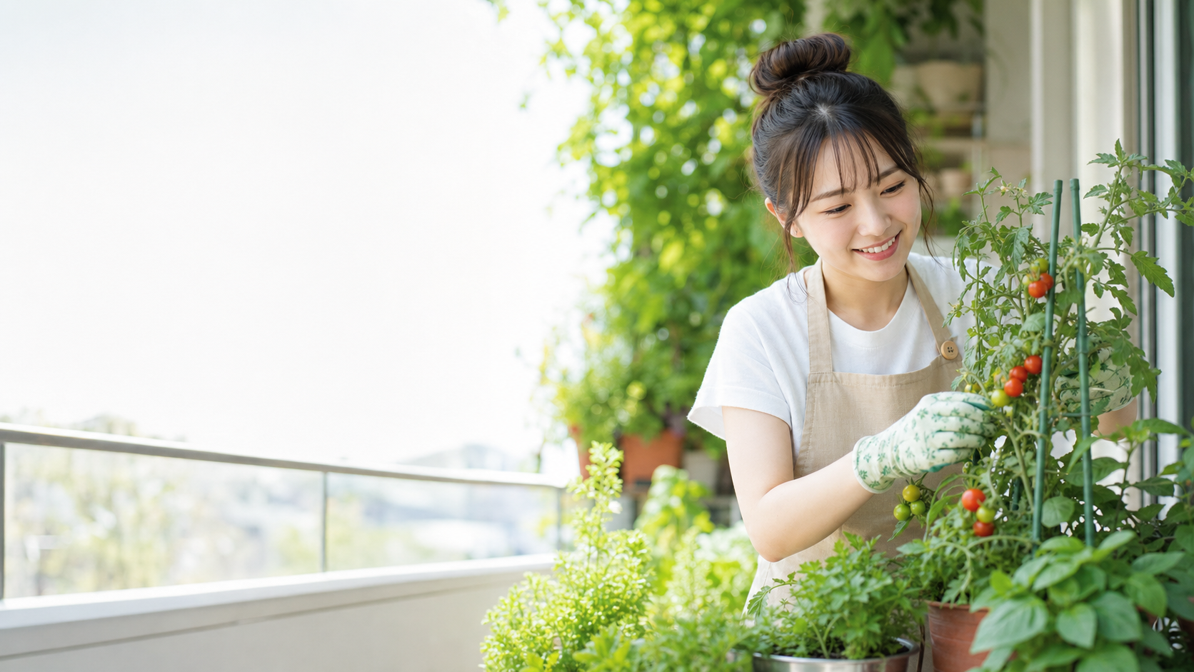 ベランダでプランター菜園を楽しむ女性