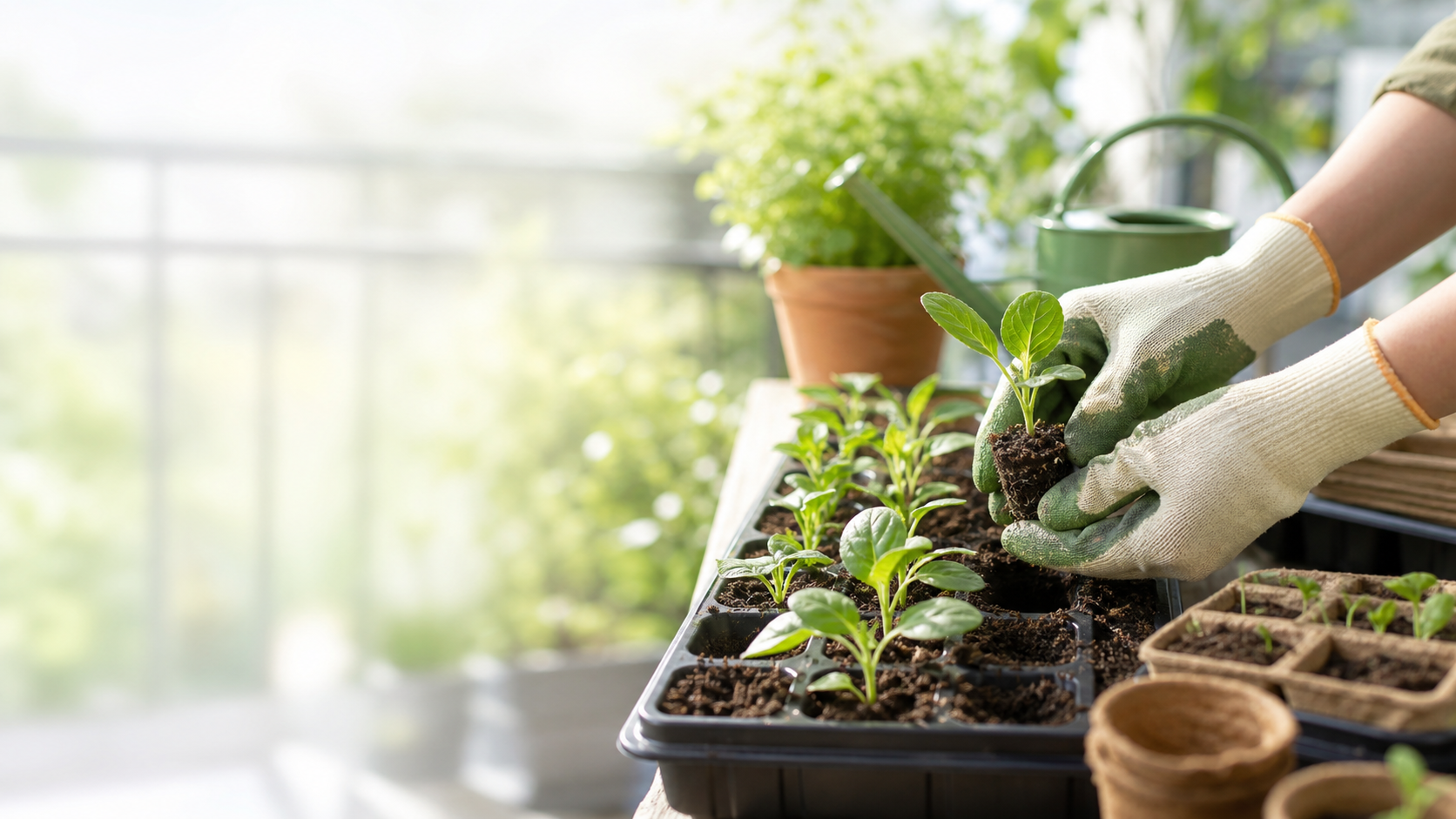 ポットや育苗トレイに野菜の苗を植え付ける様子