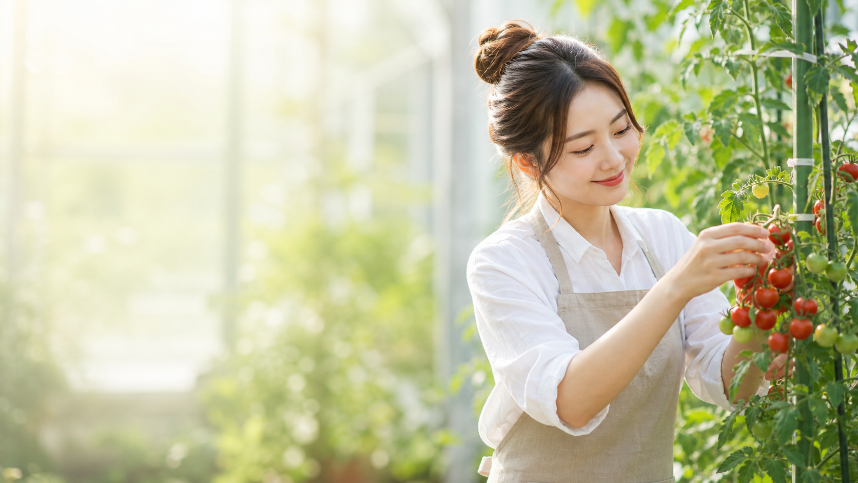 温室でミニトマトを育てる女性